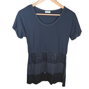 Rivamonti Tunic Top Women L Black Drawstring Waist Paneled Old Money Mixed Media